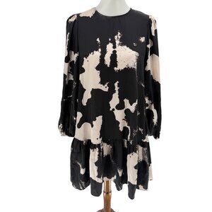 Alexis Black & Cream Abstract Print Tiered Long Sleeve Dress M
